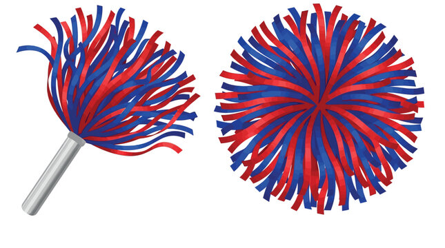Two vibrant red and blue pom poms for cheerleading isolated in a bright professional studio photograph