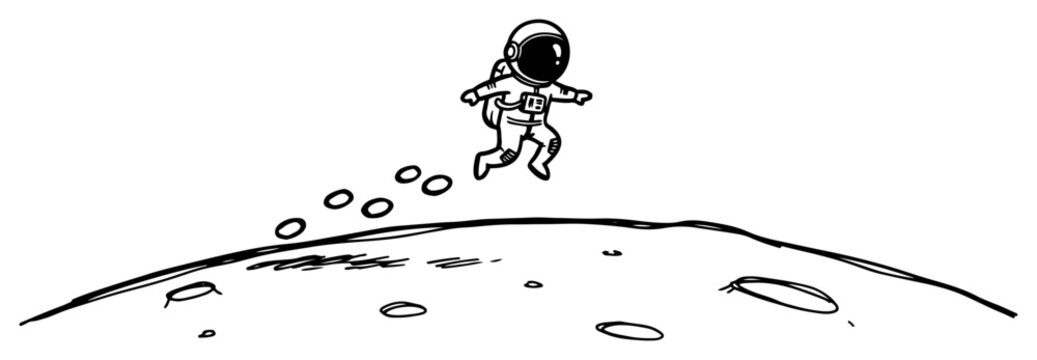 Astronaut walking on moon surface with footprints in minimalist line art style