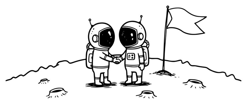 Astronauts shaking hands on moon surface with flag in hand drawn doodle style