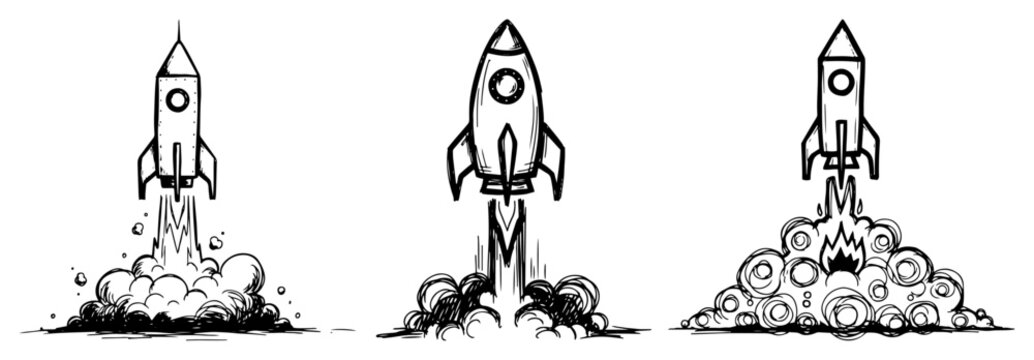 Rocket launch sequence with smoke and exhaust clouds in hand drawn doodle style