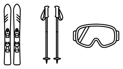 Fototapeta premium Winter skiing gear icons showing skis poles and goggles in clean line art style