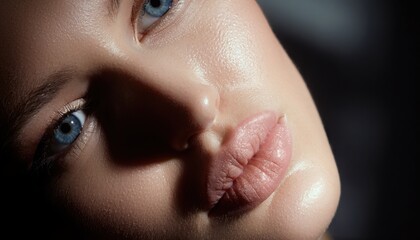 Fototapeta premium Close-up of a young woman's face with blue eyes and full lips, natural makeup, soft lighting, and clear skin detail