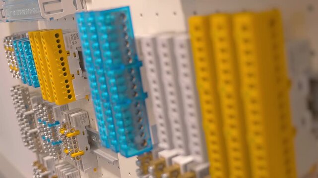 New, multi-colored electrical terminal blocks for connecting a huge number of wires are presented at the exhibition. Closeup. Shallow depth of field. Follow focus