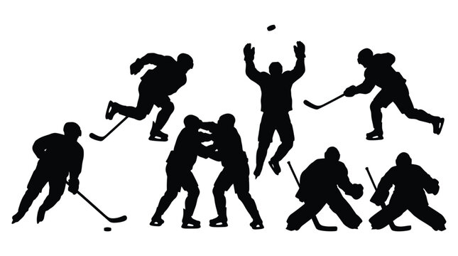 Black silhouettes of hockey players in various active game positions shown in this sports action photo