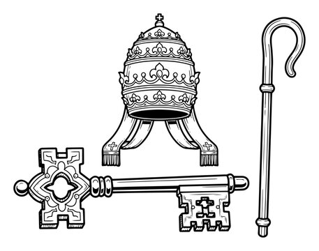Papal tiara crown with ornate key and crosier staff symbolizing catholic church authority in line art style