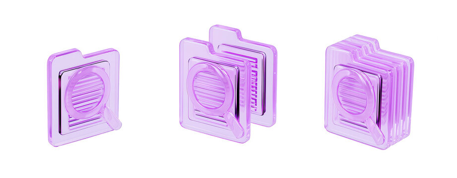 Three purple plastic clips on transparent background for organizing papers