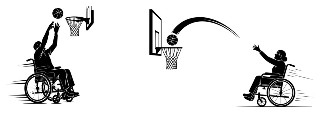 Para athletes in wheelchairs playing basketball and shooting hoops in dynamic silhouette style