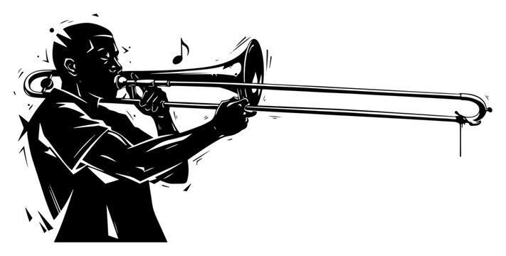 Musician playing trombone instrument in expressive black and white ink style