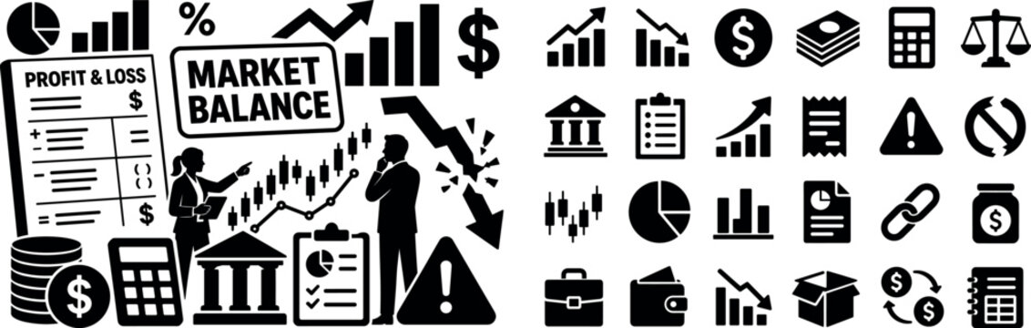 Profit Loss Finance. Clean solid filled banner composition of financial analysis with two analysts beside an oversized rising and falling chart and large profit loss statement sheet reaching opposite