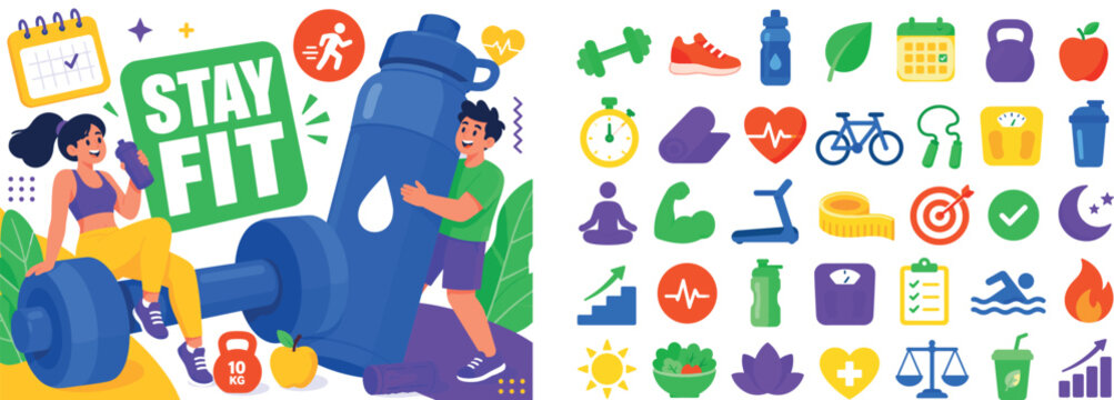Healthy Lifestyle Fitness banner, two stylized human characters interacting with oversized dumbbell and water bottle elements stretching across full canvas edges, small calendar, leaf and running