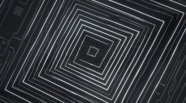 A futuristic digital illustration of concentric squares on a black background with white lines