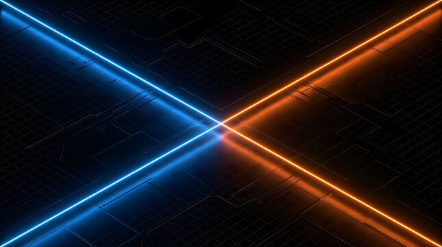 A futuristic abstract image of intersecting neon blue and orange lines on a dark background
