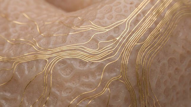 A close-up view of a beige fabric with intricate gold embroidery patterns