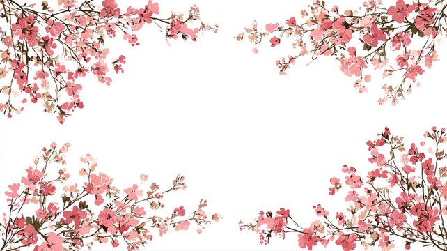 ピンク色の花が四隅に配置されたフレームデザイン。春の季節感や華やかな装飾に使える背景素材