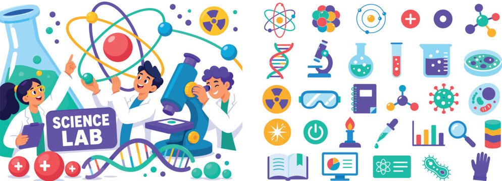 Atomic Science Lab banner scene with three expressive stylized researchers holding oversized atom model and microscope across the full canvas, electron orbit sweeping to top and right edges, giant