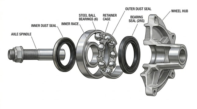 Exploded view of a mechanical bearing assembly with labeled parts.