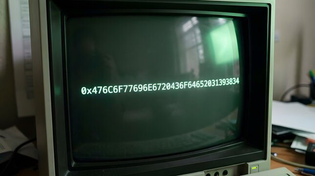An old computer monitor displaying a string of hexadecimal code in a dimly lit room