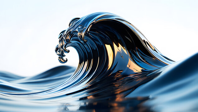 Futuristic chrome wave frozen in motion with mirror reflections on blac