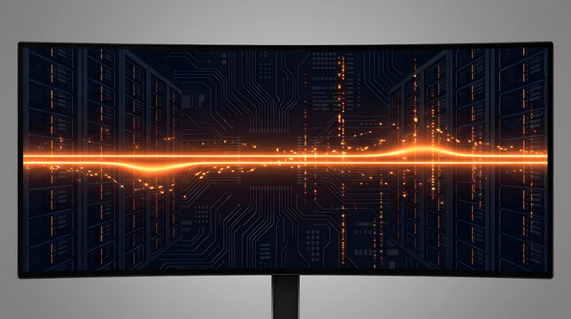 A large computer monitor displaying a futuristic circuit board design with a bright orange light streak