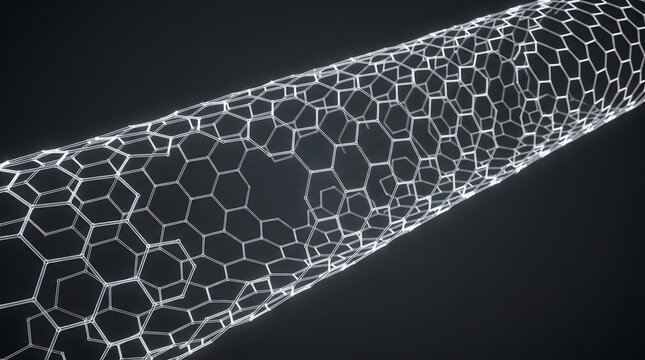 A carbon nanotube structure with a hexagonal lattice pattern on a dark background