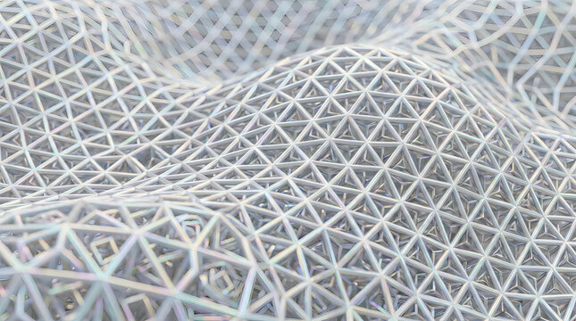 A close-up view of a white geometric mesh with a complex network of interconnected triangles