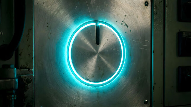 A glowing blue button on a metallic control panel in a dark industrial setting.