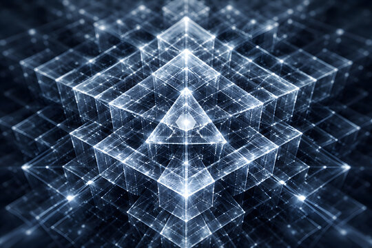 Abstract minimalist visualization of luminous cubic elements in a recursive pattern