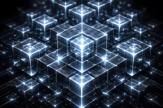 Abstract minimalist visualization of luminous cubic elements in a recursive pattern