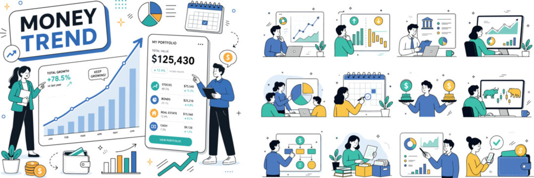 Financial Analytics Dashboard. Business finance banner with two analysts beside oversized growth chart and dollar portfolio panel stretching to every canvas edge, small pie chart, calendar, wallet,
