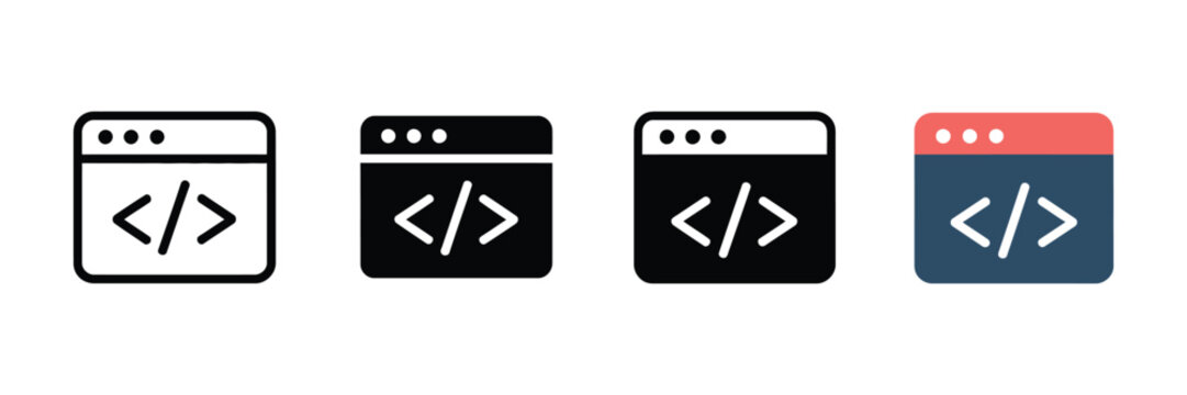 Set of four minimalist web development browser icons featuring code symbols for software engineering ui design projects and digital programming tools