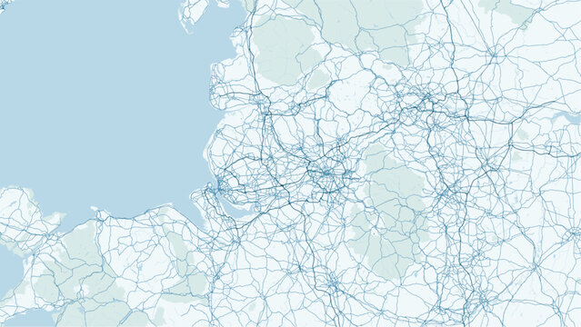 Modern minimalist vector map of Wigan, Greater Manchester, England, UK. High-quality scalable illustration of Wigan town grid, Leeds, Liverpool Canal, and urban infrastructure for posters and design.