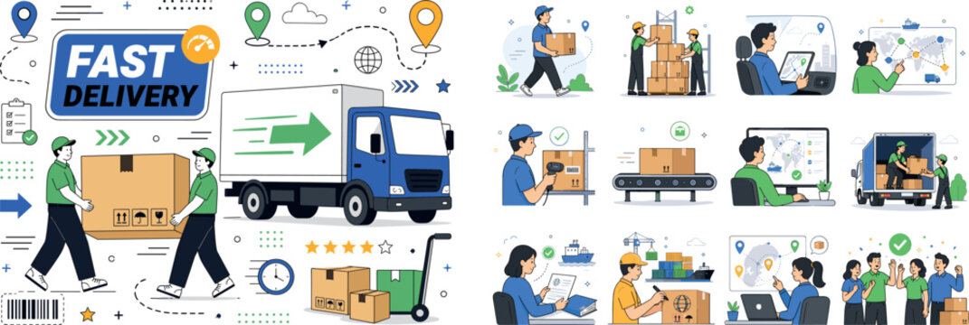 Logistics Delivery. Logistics, shipping, delivery, distribution, cargo, supply chain, freight, export and import. Clean editorial banner with one delivery operation scene: 2 geometric workers moving