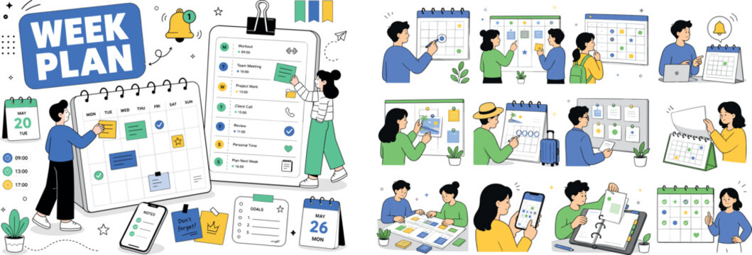 Calendar Week Schedule. Clean editorial banner with one main planning scene, 2 geometric characters arranging an oversized weekly calendar page and a large rounded agenda board, schedule elements