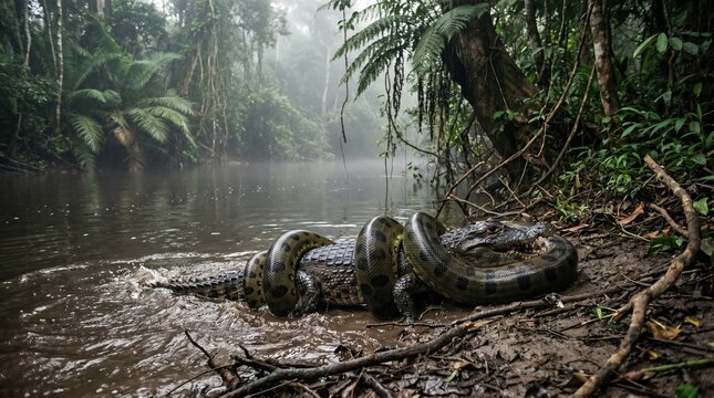 Massive Amazon Anaconda Attack on Caiman in Lush Rainforest Riverbank