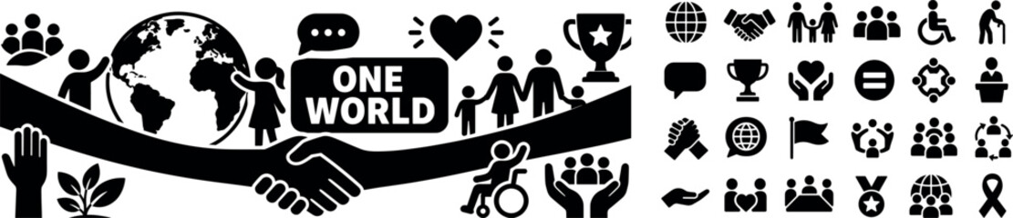 Naklejka premium Global Community Teamwork Series. Solid black filled banner with one inclusive community scene, two people beside oversized globe and handshake stretching across full canvas edges, family group,