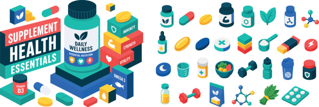 Supplement Health Essentials , oversized capsule bottle with bold geometric depth, floating pill blocks and stepped nutrition platforms, asymmetric editorial layout, coral and mint with electric blue