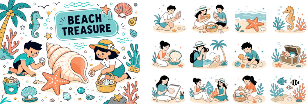 Tropical Seashell Beach. Clean editorial banner with one main beach discovery scene, 2 geometric characters collecting shells beside an oversized spiral seashell and a large starfish on sand, tropical