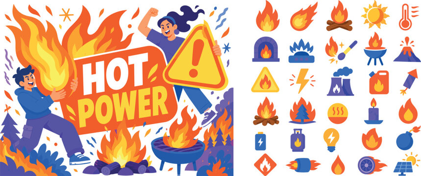 Bold Fire Energy Intense banner scene with two expressive stylized human characters around oversized flame, campfire and warning sign shapes, with small spark, heat wave, grill flame and wildfire