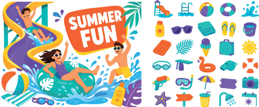 Summer Water Slide banner scene with three expressive stylized vacationers sliding around oversized waterslide and pool float across the full canvas, curving slide reaching top and bottom edges,