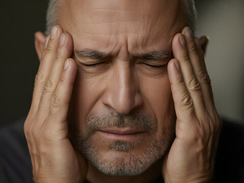 man with severe headache rubbing temples, suffering from painful migraine, stressed mature guy experiencing tension, cluster headache concept, close-up portrait of worried male with eyes closed, stres