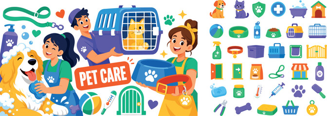 Fototapeta premium Pet Vet Shop banner scene with three expressive pet care workers spread edge to edge, one character washes an oversized dog touching the left and bottom edges while another holds a giant cat carrier