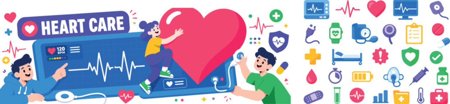 Heartbeat Monitor Care banner with 3 expressive stylized human characters interacting with an oversized heart beat monitor screen and a large heart shape, playful poses and visible faces, full canvas