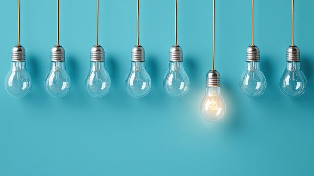 青い背景に吊るされた複数の電球のうち一つだけが点灯している状態。アイデアやひらめきの象徴としてビジネスやプレゼンテーションに使えるイメージ素材