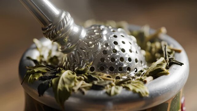 Closeup of traditional mate gourd with bombilla and yerba mate leaves.