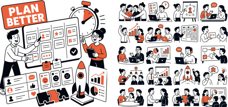 Team Strategy Productivity banner, clean focused banner scene of two business characters building a project plan around an oversized task board and a large productivity stopwatch, client collaboration