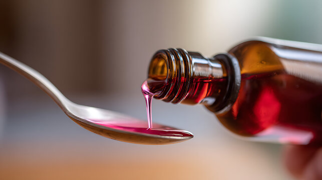 Medical Treatment Pour from Dispenser into Spoon: Illustrate Dosage, Healthcare, and Pharmacology for Wellness, Medicine, and Relief