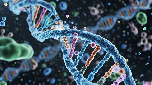 Detailed 3D Animation of DNA Double Helix Structure and Microscopic Cells.