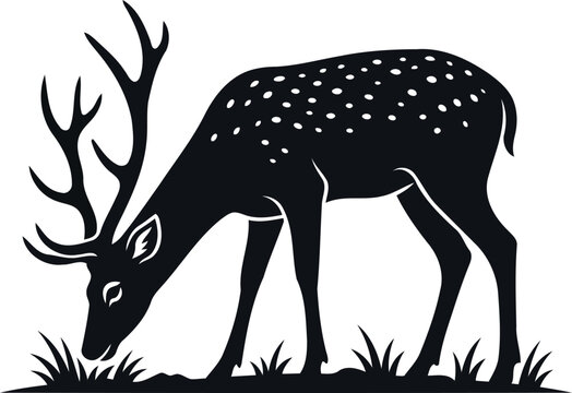Grazing Spotted Deer Silhouette &ndash; Minimalist Stag with Antlers Eating Grass Vector Illustration