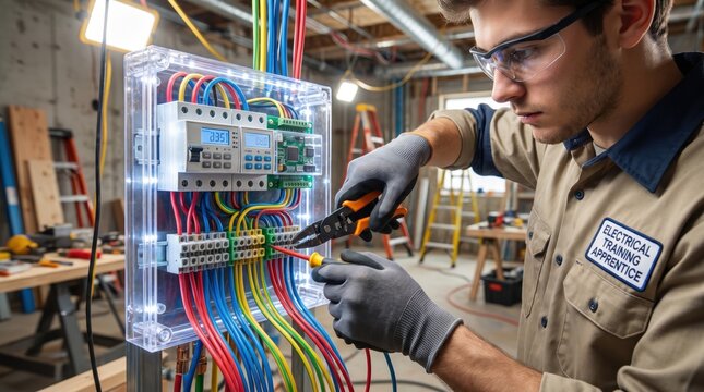 Electrical training apprentice working on complex transparent circuit board panel