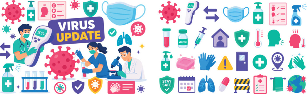 Coronavirus Updated Safety banner with two medical workers and one researcher testing an oversized virus sample and giant pyrometer across the full canvas, distance arrows touching left edge,